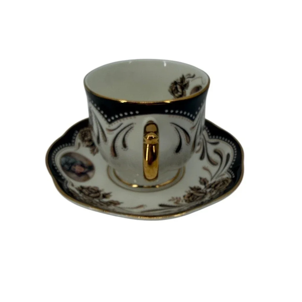 Avon Honor‎ Society 1999 Teacup Saucer Black Gold Floral Victorian Lady Set